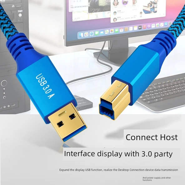 USB 3.0 A'dan B'ye Erkek Örgülü Yazıcı Data Kablosu - 3 Metre Düz Başlık