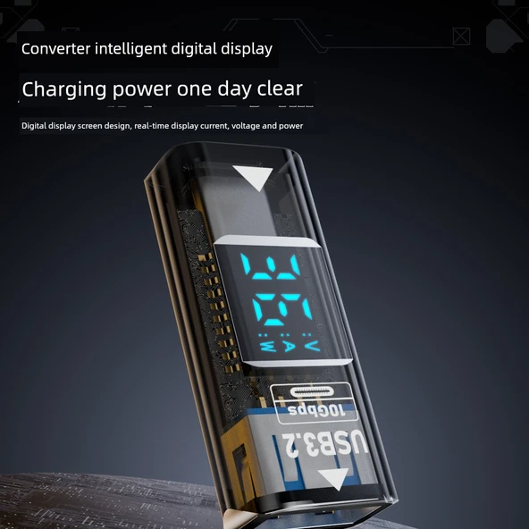 Type-C Dişi - Type-C Erkek Adaptör - Şeffaf Dijital Ekran PD140W Düz Başlıklı 40Gbps 8K 60Hz - 4