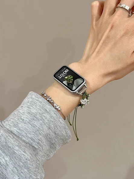 Glory Bileklik 9 Rose Gold Konnektörlü NFC Lotus İnci Yeşil Örgü Kordon - 6
