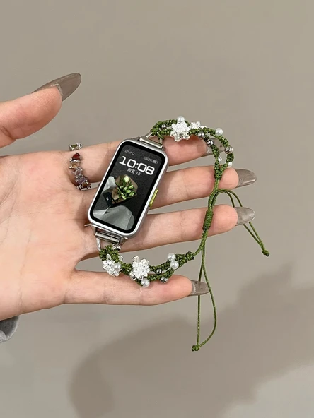 Glory Bileklik 9 Rose Gold Konnektörlü NFC Lotus İnci Yeşil Örgü Kordon - 2