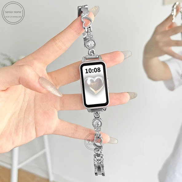 Huawei Bileklik 8/8nfc Pırlanta Kalp Kordon - Desenli Gümüş