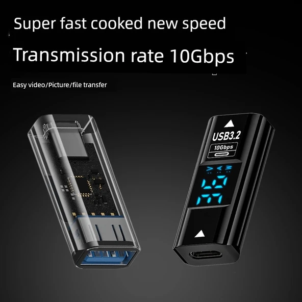 Type-C Dişi - Type-C Erkek Adaptör - Şeffaf Dijital Ekran PD140W Düz Başlıklı 40Gbps 8K 60Hz - 3
