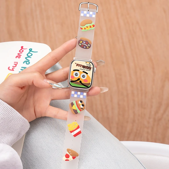 Apple iWatch S10 46mm için Karikatür Desenli Silikon Kordon - Hamburger Pizza