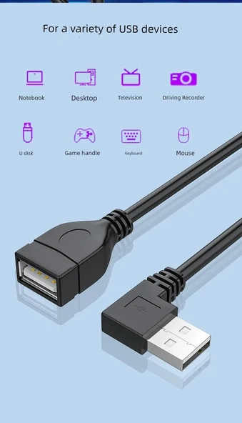 90 Derece Dirsek USB 2.0 Uzatma Kablosu - 0.5m - Yukarı Açılı - 8
