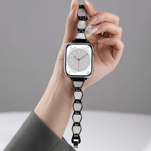 Elmas Metal Apple Watch Kordon ve Koruyucu Kılıf - iwatch 4/5/6/SE [40mm] - Siyah/Beyaz Kasa + Siyah Bağlantı