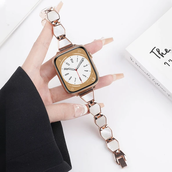Elmas Metal Apple Watch Kordon ve Koruyucu Kılıf - iwatch 4/5/6/SE [44mm] - Gümüş/Beyaz Kasa + Gümüş Bağlantı - 2