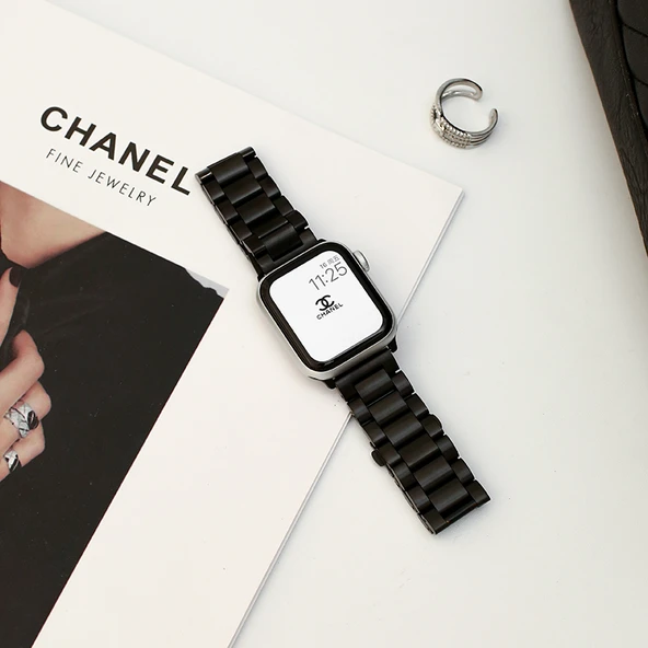 Metal Üç Boncuklu Apple Watch Kordonu - Siyah - iwatch 4/5/6/SE (44mm)