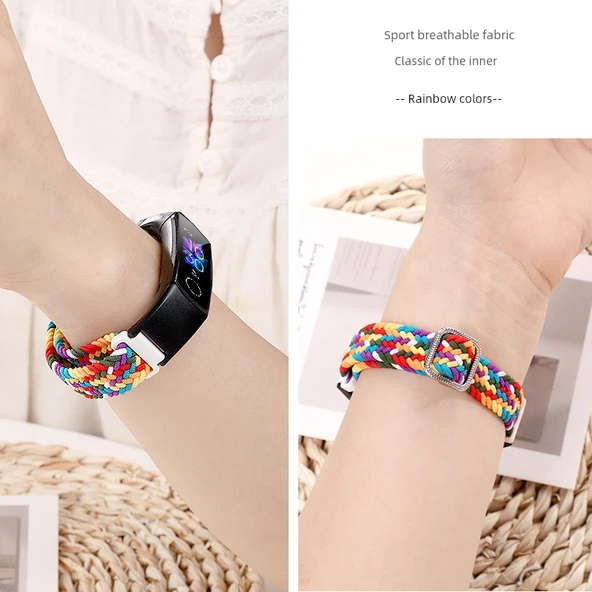 Honor Band 4/5 Uyumlu Kırmızı ve Siyah Geçmeli Düğmeli Örgü Kordon - Resim 4