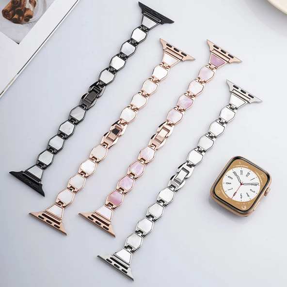 Elmas Metal Apple Watch Kordon ve Koruyucu Kılıf - iwatch 4/5/6/SE [44mm] - Gümüş/Beyaz Kasa + Gümüş Bağlantı - 6