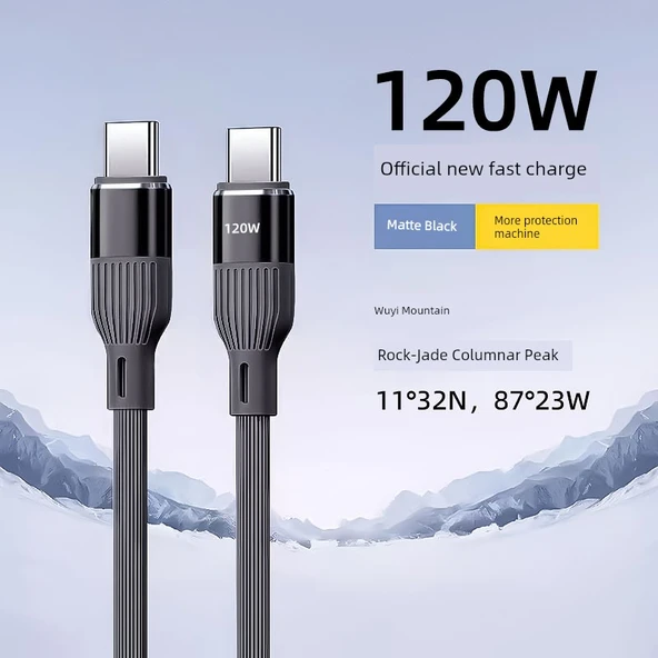 120W Süper Hızlı Şarj Type-C Data Kablosu - 1.8m Siyah (Çift Type-C)