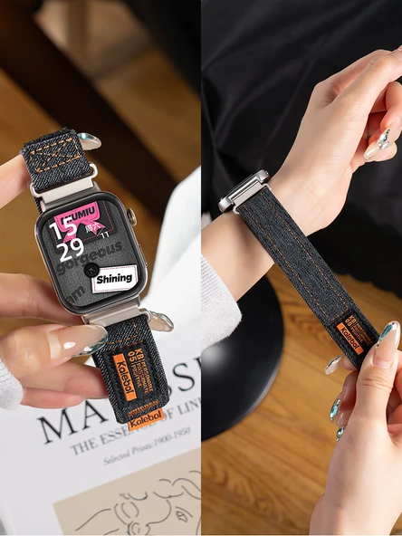 Huawei Fit/New/Elegant Koyu Gri Denim Saat Kordonu ve Ekran Koruyucu Film - 6