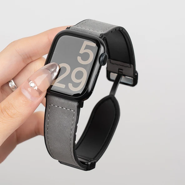 Honor Watch 5 Uyumlu Uzay Grisi Siyah Tokalı Manyetik Deri Kordon