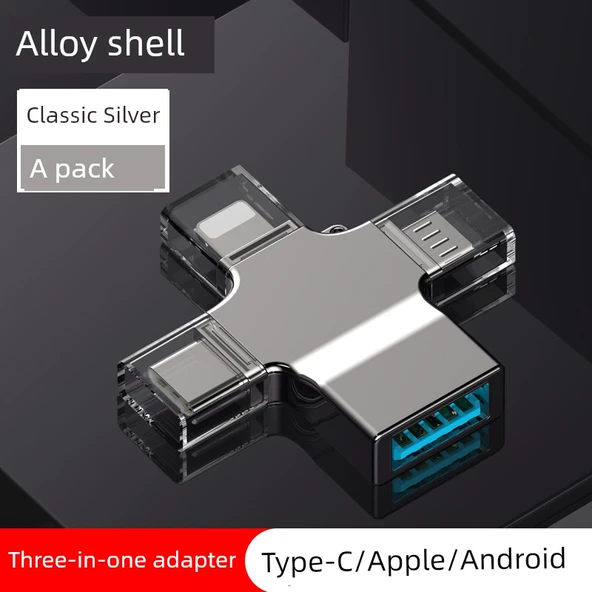 3'ü 1 Arada OTG Adaptör - Gümüş Alüminyum Alaşım - Apple/Type-C/Android