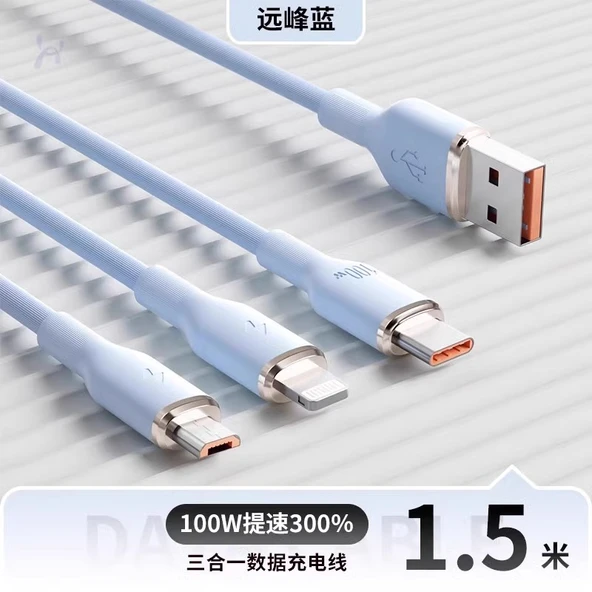 3'ü 1 Arada USB Şarj Kablosu - Mavi 1.5m (Apple, Android, Type-C)