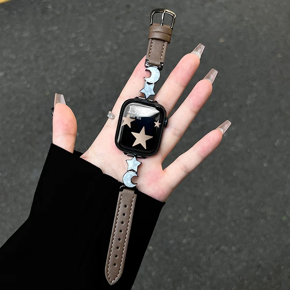 Huawei FIT-2 Deri Kordon - Yıldız ve Ay Desenli - Siyah Kahverengi (Model 2)