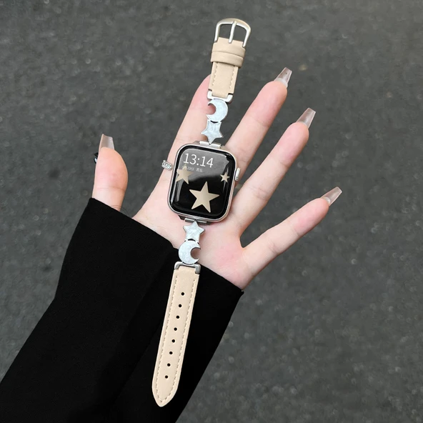 Huawei FIT-2 Deri Kordon - Yıldız ve Ay Desenli - Kayısı Rengi