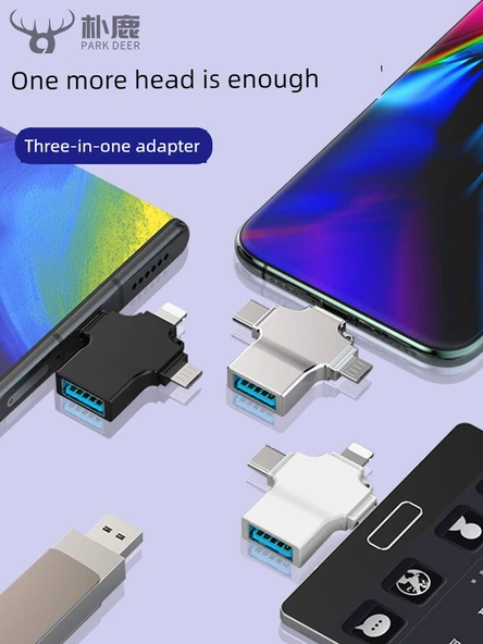 3'ü 1 Arada OTG Adaptör - Gümüş Alüminyum Alaşım - Apple/Type-C/Android - 4