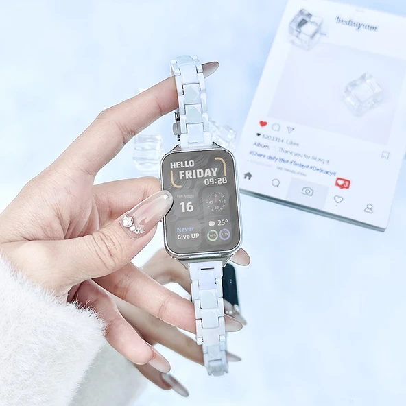 Xiaomi Bracelet 8pro Reçine Kordon - Gümüş Konnektörlü, Renkli Beyaz Lazer