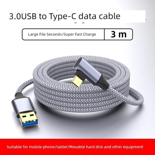 USB 3.0 - Type-C Hızlı Şarj ve Data Kablosu - 3 Metre Gri