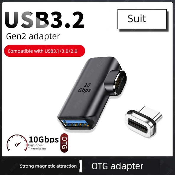 USB3.2 Gen2 Manyetik Type-C - USB Dişi Adaptör - Düz Bükümlü - 10Gbps