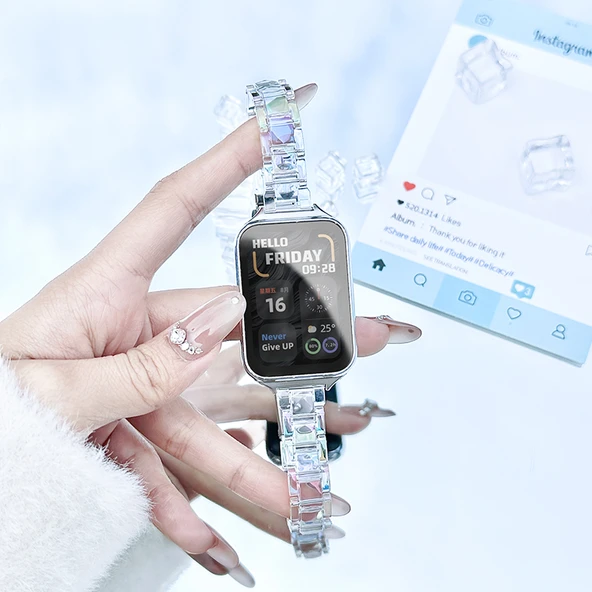 Xiaomi Bracelet 8pro Reçine Kordon - Rose Gold Konnektörlü, Renkli Şeffaf Lazer