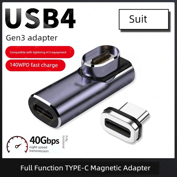 USB4 Manyetik Type-C Adaptör - Dişi/Erkek - Orta Yan Bükümlü - 40Gbps/8K 60Hz/PD140W