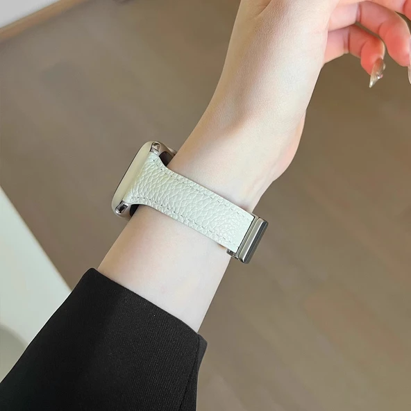 Xiaomi Bracelet 9pro Kremsi Beyaz Manyetik Deri Kordon - 6