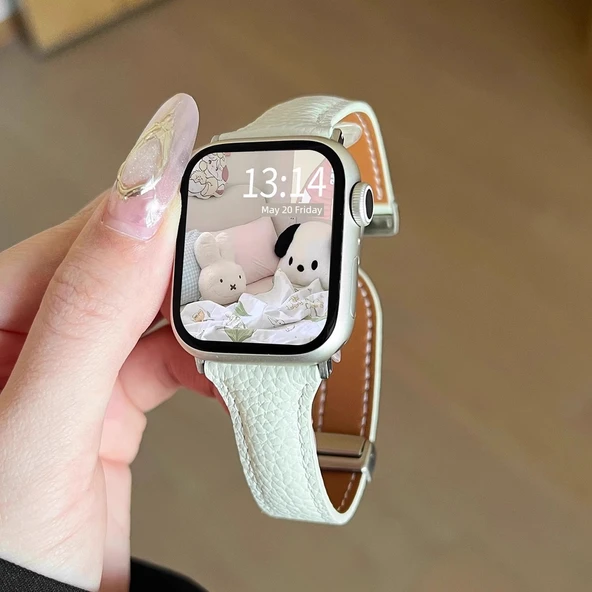 Xiaomi Bracelet 9pro Kremsi Beyaz Manyetik Deri Kordon
