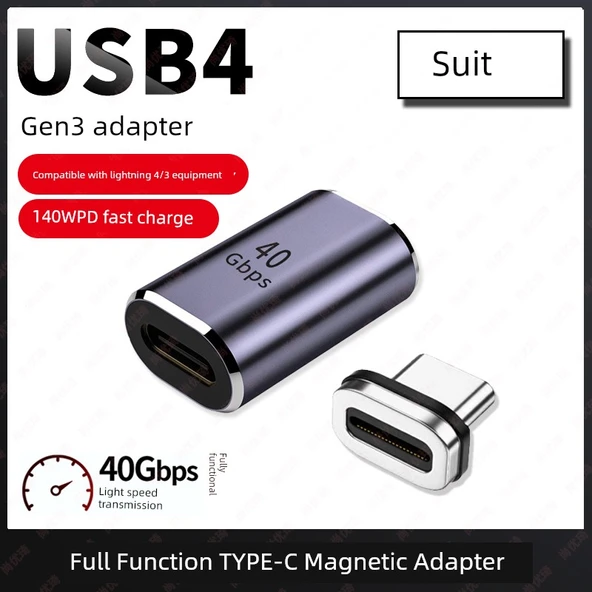 USB4 Manyetik Type-C Adaptör - Dişi/Erkek - Düz Ön - 40Gbps/8K 60Hz/PD140W