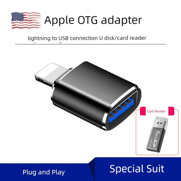 Lightning - USB OTG Adaptör - Kart Okuyuculu - Siyah Apple Uyumlu