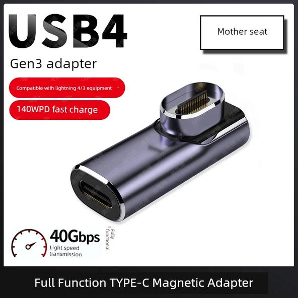 USB4 Manyetik Type-C Adaptör - Orta Yan Bükümlü Manyetik Dişi Yuva (Ayrı)