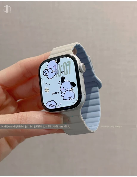 41mm Renkli Çip Sıvı Silikon Manyetik Apple Watch Kordon - Antik Beyaz Sis Mavi