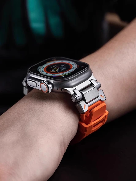 Apple Watch 49mm Ultra/Ultra2 Explorer Titanyum-Turuncu Silikon Kordon - 2
