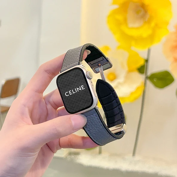 Xiaomi Mi Band 8 Pro Uyumlu Gri Renkli Tırtıklı Desenli Gümüş Manyetik Deri Kordon