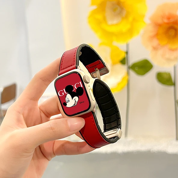 Redmi Watch 5 Uyumlu Kırmızı Renkli Düz Gümüş Manyetik Deri Kordon