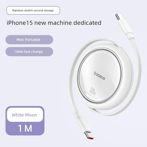 USB-C'den USB-C'ye Teleskopik Data Kablosu - 100W - Beyaz Ay (1 Metre)
