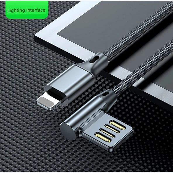 5A Süper Hızlı Şarj USB Dirsek Araç Data Kablosu - Apple Siyah 1m Örgülü