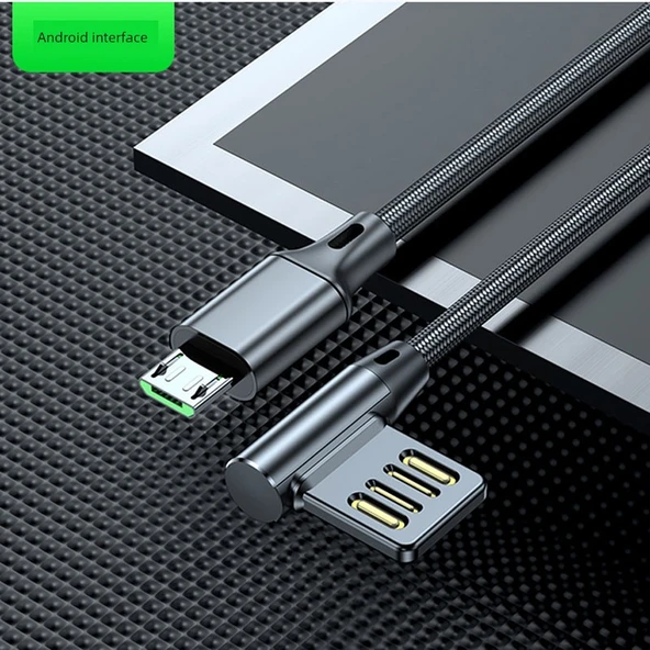 5A Süper Hızlı Şarj USB Dirsek Araç Data Kablosu - Android Siyah 2m Örgülü