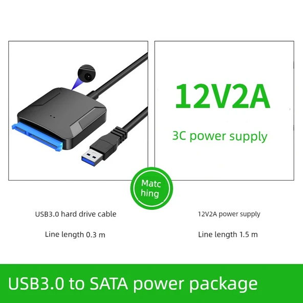 USB 3.0 2. Nesil + DC Güç - 2.5/3.5 inç SATA HDD/SSD Adaptör Kablosu