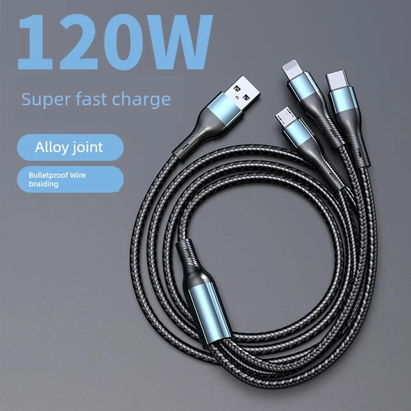 Üçü Bir Arada Hızlı Şarj Kablosu 6A - 1.2 m Gri Taş Siyahı 120W