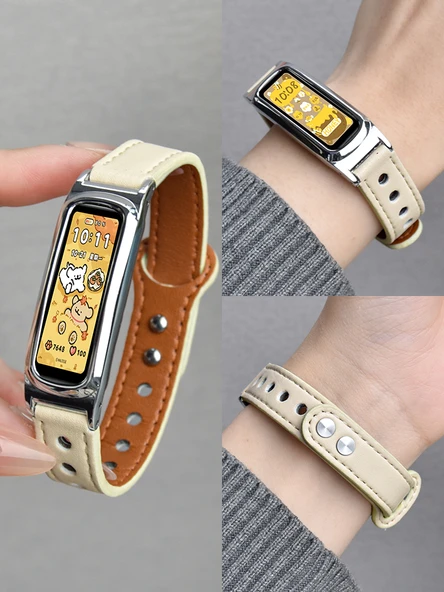 Huawei Glory 4/5 Deri Akıllı Saat Kordonu - Siyah Metalik Siyah Çerçeve - Resim 2