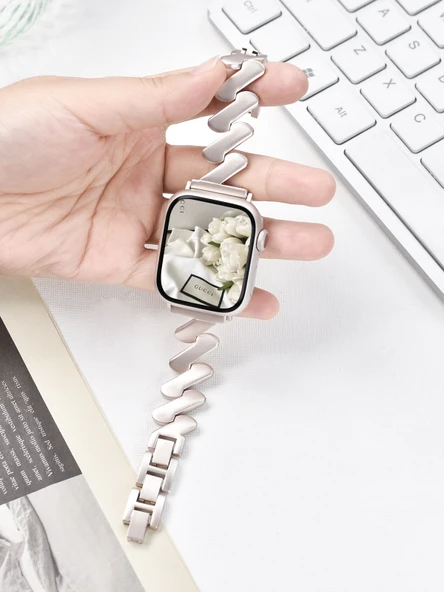 Apple Watch Paslanmaz Çelik Metal Kordon - Yıldız Işığı - 41mm (iwatch 7/8/9) - 6