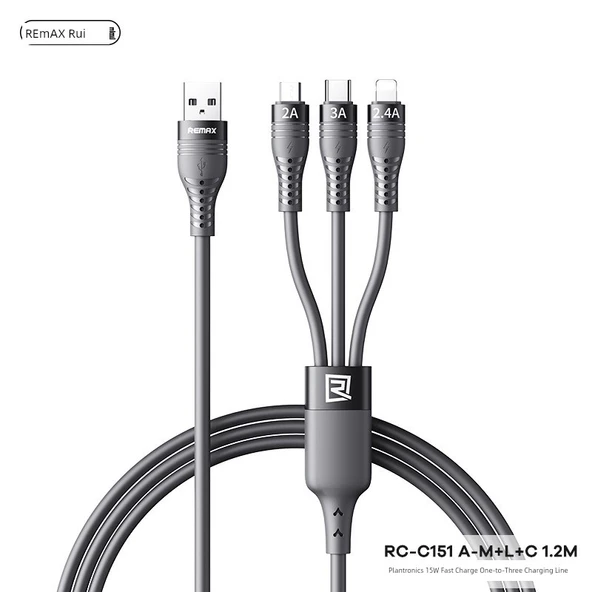 15W Hızlı Şarj 3in1 Kablo RC-C151 A-M+L+C 1.2M - Koyu Gri