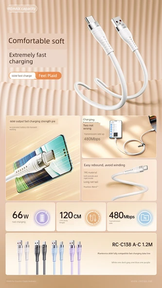 15W Hızlı Şarj 3in1 Kablo RC-C151 A-M+L+C 1.2M - Koyu Gri - 6