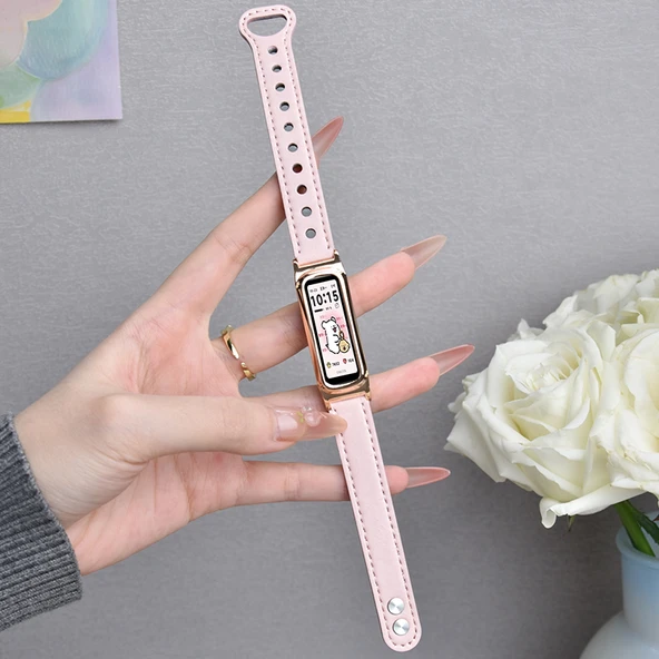 Huawei 3E/4E/Elf Deri Akıllı Saat Kordonu - Pembe Metalik Rose Gold Çerçeve