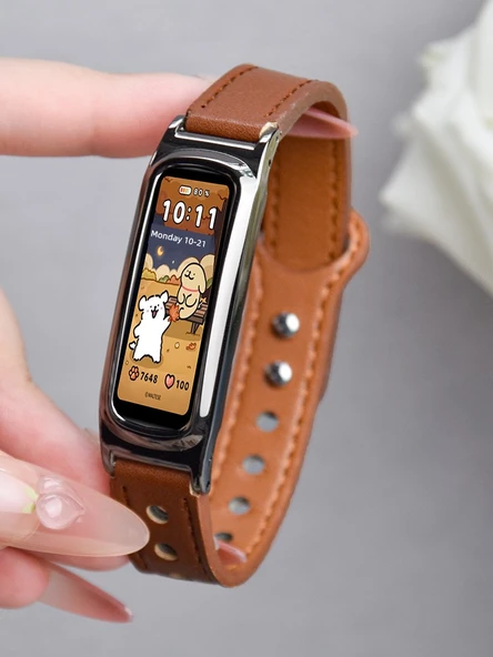 Huawei Glory 4/5 Deri Akıllı Saat Kordonu - Siyah Metalik Siyah Çerçeve - Resim 5