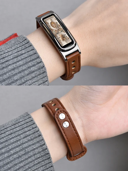 Huawei Glory 4/5 Deri Akıllı Saat Kordonu - Siyah Metalik Siyah Çerçeve - Resim 4