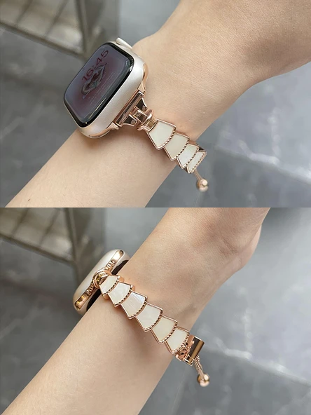 Apple Watch 40mm (iwatch4/5/6/SE) için Metal Zincirli Sedef Desenli Kordon - Rose Gold Beyaz