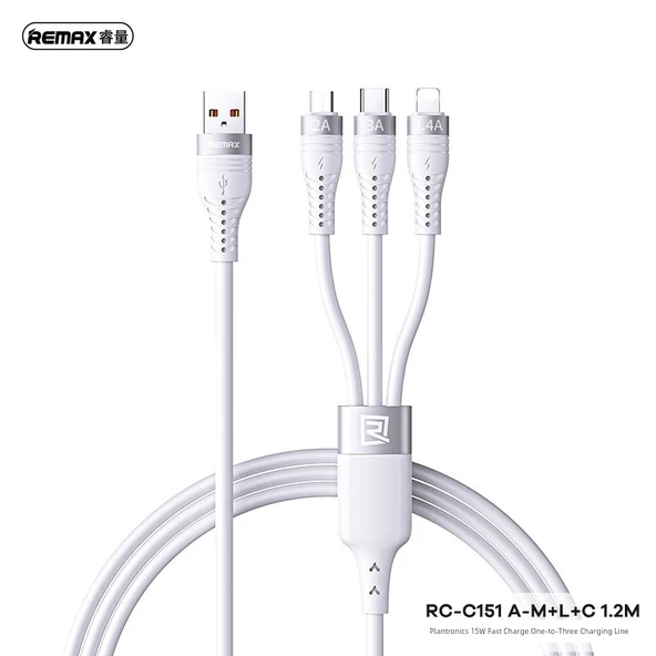 15W Hızlı Şarj 3in1 Kablo RC-C151 A-M+L+C 1.2M - Beyaz