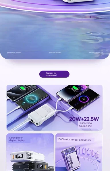10000mAh Taşınabilir Şarj Aleti - Moonlight Beyazı - Fişli, Standlı, Dört Çıkışlı - 8